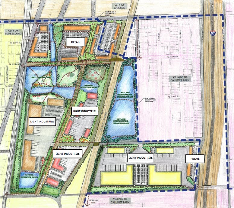 Civil engineering development plan showing roadway layout, drainage, and site infrastructure design